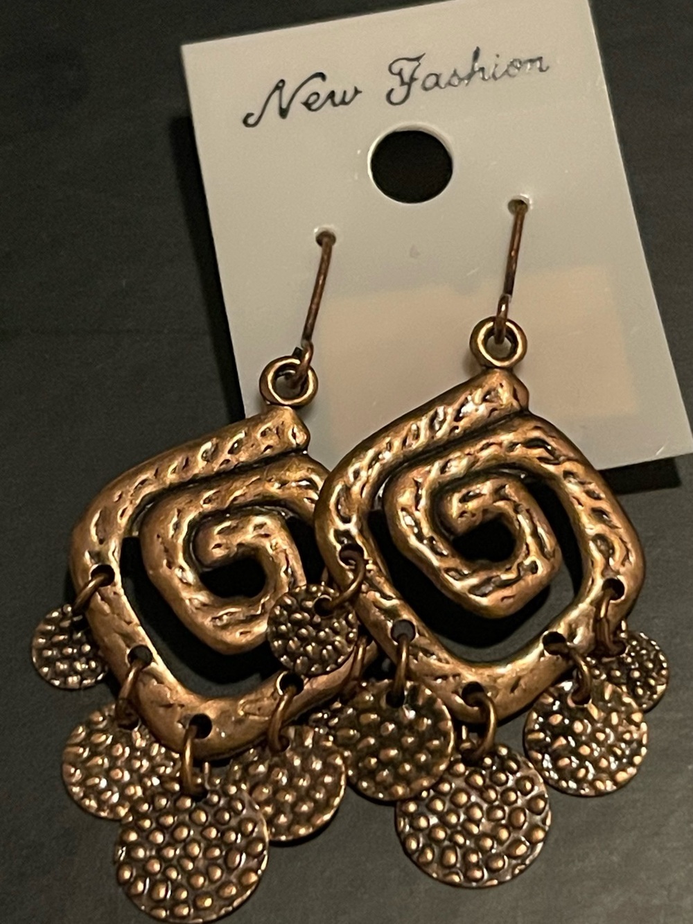 Bronze Spiral Dangle Earrings with Textured Discs
